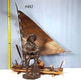 Artz Copper Craft Sailing Raft Brazil Carved Wood Figure
