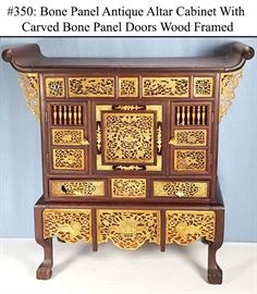 Asian Arts Antique Wood Frame Carved Bone Altar Cabinet