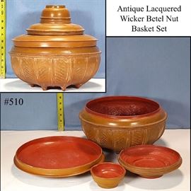 Asian Arts Betel Nut Lacquered Wicker Basket Set