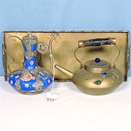 Asian Arts Brass Metal Clad Porcelain Teapots Tray