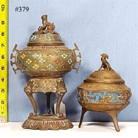 Asian Arts Bronze Cloisonne Champleve Band Covered Censers