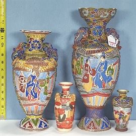 Asian Arts Pottery Satsuma Moriage Jeweled Vases
