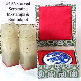 Asian Arts Serpentine Inkstamps Porcelain Inkpot