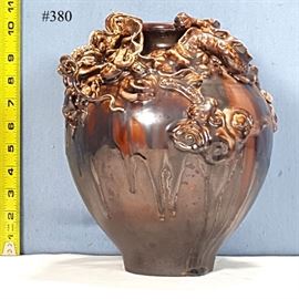 Pottery Asian Arts Brown Drip Glaze Dragon Vase
