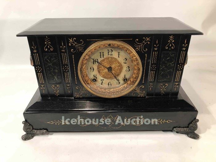 Antique Ansonia slate mantel clock, working, with ram's head detail