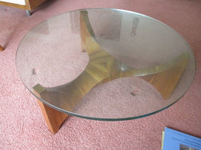 GLASS TOP TABLE WITH MULTI LAYERED WOOD BASE