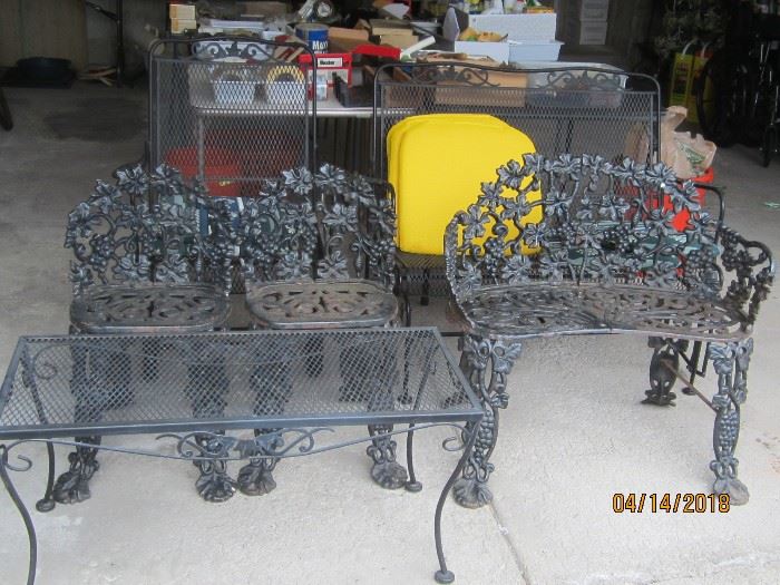 Wrought iron bench and chairs 