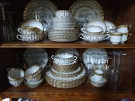 60-piece set of Spode "FLEUR DE LYS" gold china - the owner is 93 and this was her wedding china set; from a ca. 1860 design.