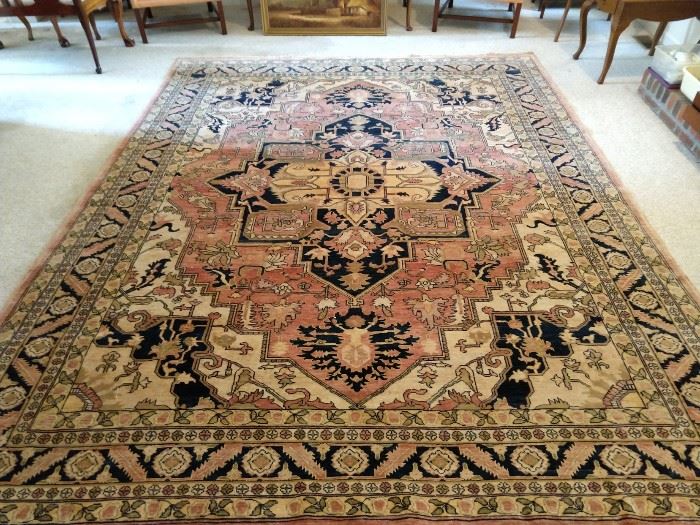 Persian design Heriz rug, hand woven, 100% wool face, measures 9' 2"  x 11' 10".