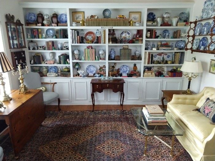 Library FULL of collectibles, including blue/white porcelain, leather bound older books, Asian plates and vases, cast iron toys, artwork, etc.,  all atop a vintage Persian Bijar rug, hand woven, 100% wool face, measures 8' 5 "x 11' 10".
