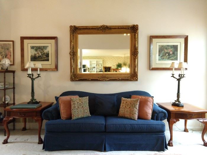 Vintage Craftmaster sofa (Taylorsville, NC), pair of Hickory White single drawer carved wood end tables, pair of vintage Maitland-Smith bronze/marble 3-light table lamps, pair of nicely framed/matted English hunt prints, in burl wood frames, HUGE gold wall mirror, with beveled glass. 