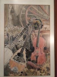 Nicely executed watercolor of musical instruments. 