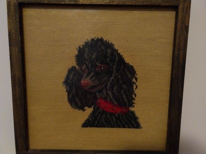 Sad, black Rudolf poodle immortalized in needlework - Fifi needs a good home, please adopt - already spayed. 