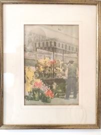 Nice original Parisian street scene of man selling flowers from a cart.                                                                                          Now, go smoke a hand-rolled cigarette and swig a shot of espresso at an outdoor cafe, while gazing at awkward American tourists - that's French immersion!