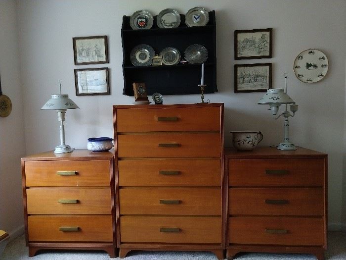 Vintage 1948 Drexel 5-drawer chest, with pair of matching 3-drawer end tables, from their "Rexwood" design collection