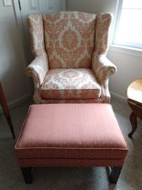 Freshly upholstered Hickory Chair wingback, with coordinating ottoman. 