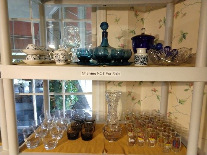 Bar glasses, American Brilliant bowl and vase, blue glass cordial set, blue/white porcelain tea set.