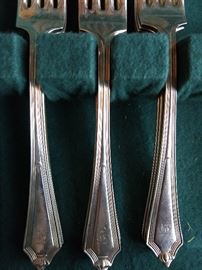 Close up of the Gorham "Plymouth" sterling silver flatware.