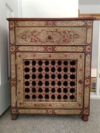 Hand painted wooden chest, with pierced front door.