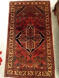 Vintage Persian Maymeh Josheghan rug, hand woven, 100% wool face, measures 3' 3" x 5' 9".