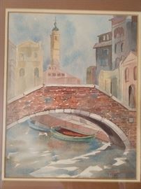 Nicely framed/matted original watercolor, "Ponte dei Pugni, by Helen Schneeberger. 