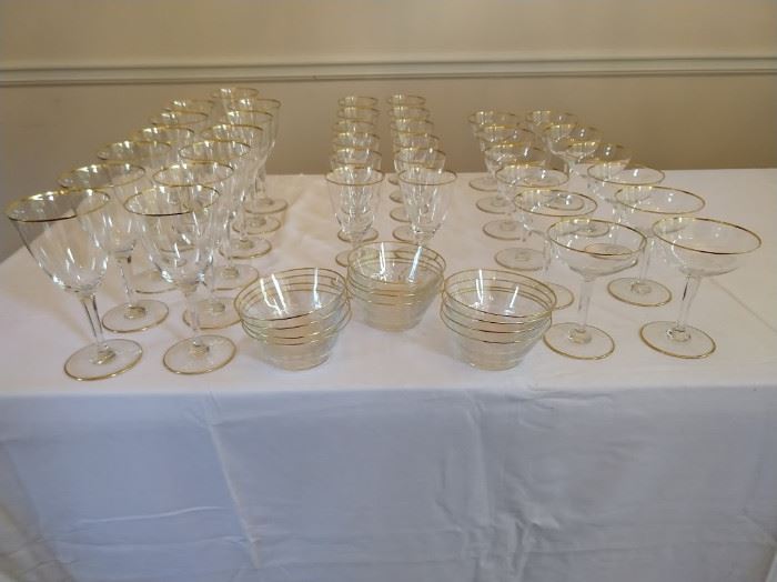 Entire set of Baccarat "Directoire" stemware, which debuted in 1931, retired in 1961:
 -13 Water Goblets
-12 Claret Wines                                                                                 -12 Champagne Coupes
-12 Dessert Bowls