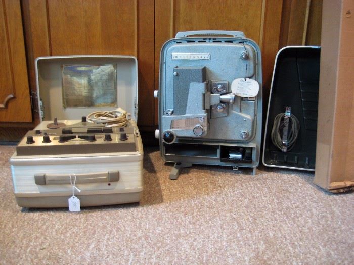 Vintage reel to reel "The Vice of Music" tape recorder, like new and  Wollensak movie projector with screen.