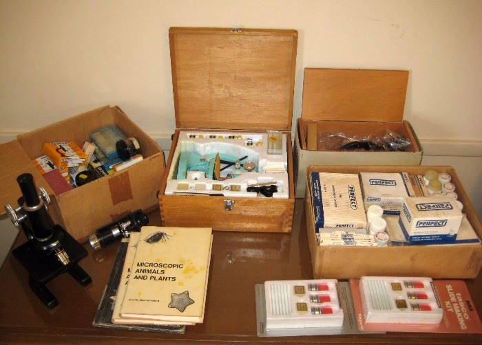 Perfect, Spencer Buffalo - Tasco microscopes and kits, additional objective lenses and boxes full of Perfect blank and pre-prepared glass slides.