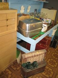 Cookware, canning supplies, little portable electric fireplace, luggage, workbench