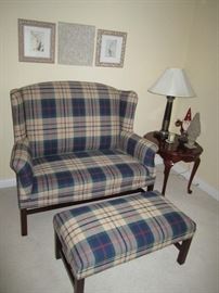 Plaid love seat and ottoman