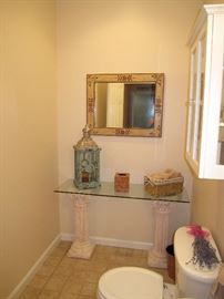 Marble glass top table, decor, and mirror