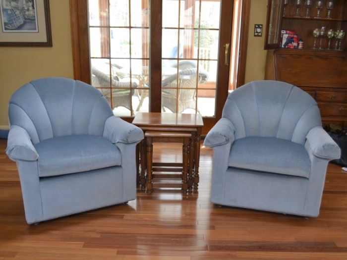 Pair of Lazy Boy channel back chairs and set of nesting tables