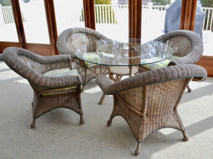 Glass top table and 4 wicker chairs