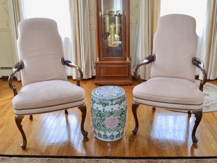 Pair of Ethan Allen high-backed chairs and porcelain garden stool