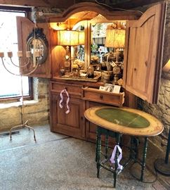 Large pine armoire, painted table and floor candelabra