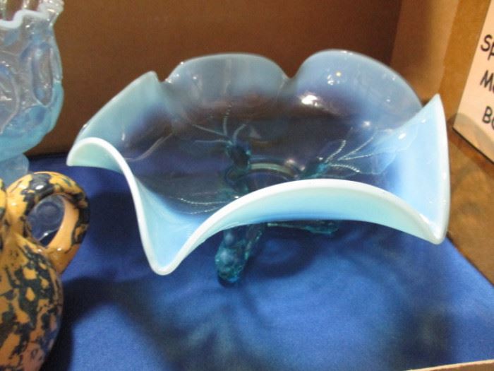 Opalescent blue glass dish