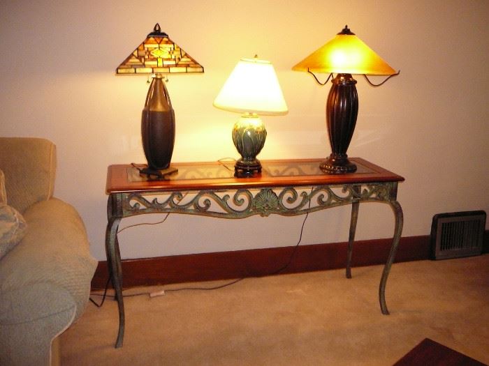 wrought iron sofa table and 3 nice mission style lamps