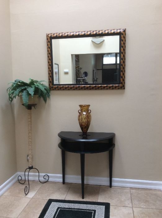 Hallway table and mirror, black table, multi colored mirror