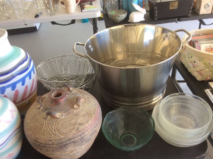 Pottery, glass,big stainless bucket