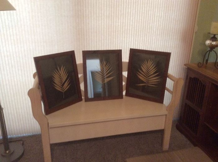 Light or limed storage bench, leaf art set of 3