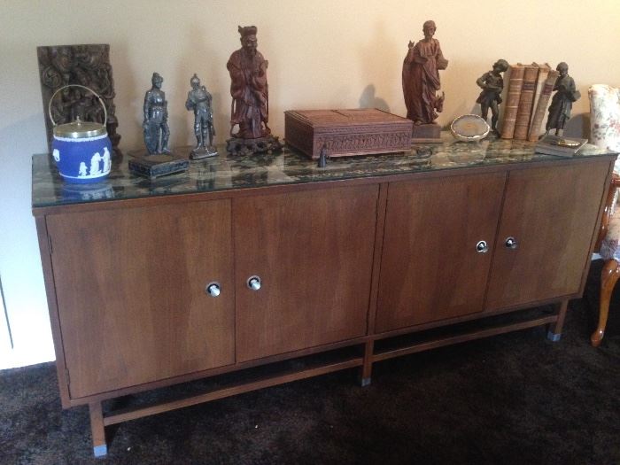 Mid Century Modern Stanley Credenza, Old Books, Carved Wood Figures