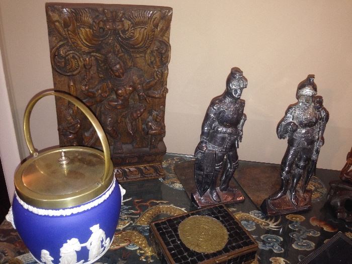 Wood Carving, Wedgwood Tea Caddy, Metal Figural Book Ends