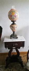 mahogany marble top side table and GWTW lamp 