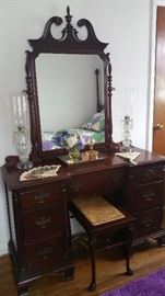 Vintage mahogany vanity with mirror and cane bottom bench