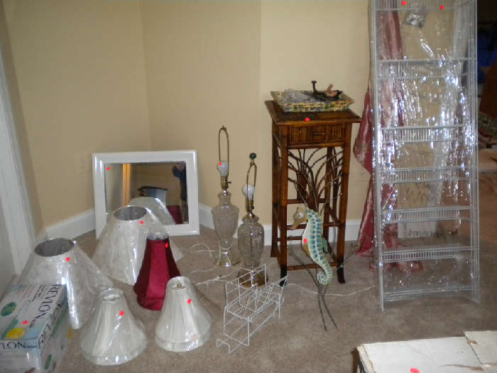 Lamp Shades, table, wire door shelves, mirror