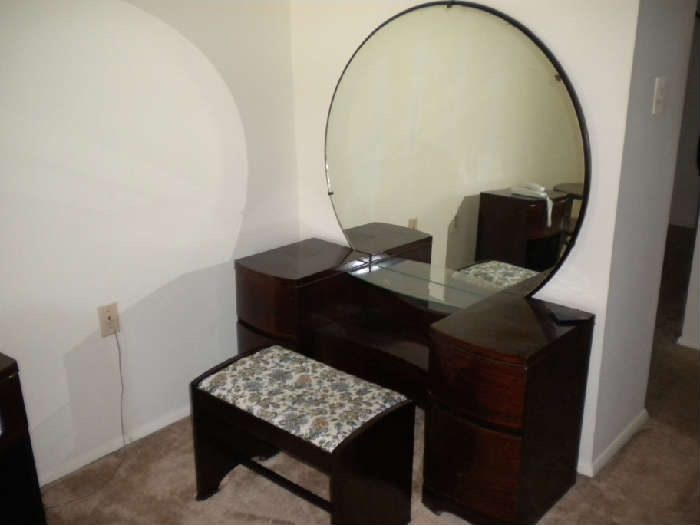 Vanity circa 50's retro styling part of 4 piece bedroom set with mirror and bench