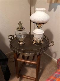 Milk Glass Lamp and Brass Tray Table