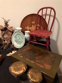 Antique Child's Red Chair & Vintage Boxes