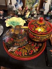 Russian Enameled Plates and Tea Cups