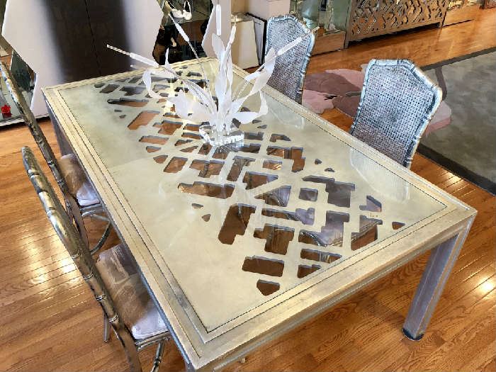 Phyllis Morris Painted Silver Leaf Lattice Pattern & Glass Dining Table, Signed MCM/Mod Lucite Centerpiece